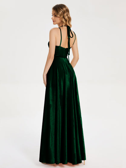 Elsie V-neck Straps Velvet Bridesmaid Dress with Slit