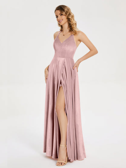 Elsie V-neck Straps Velvet Bridesmaid Dress with Slit