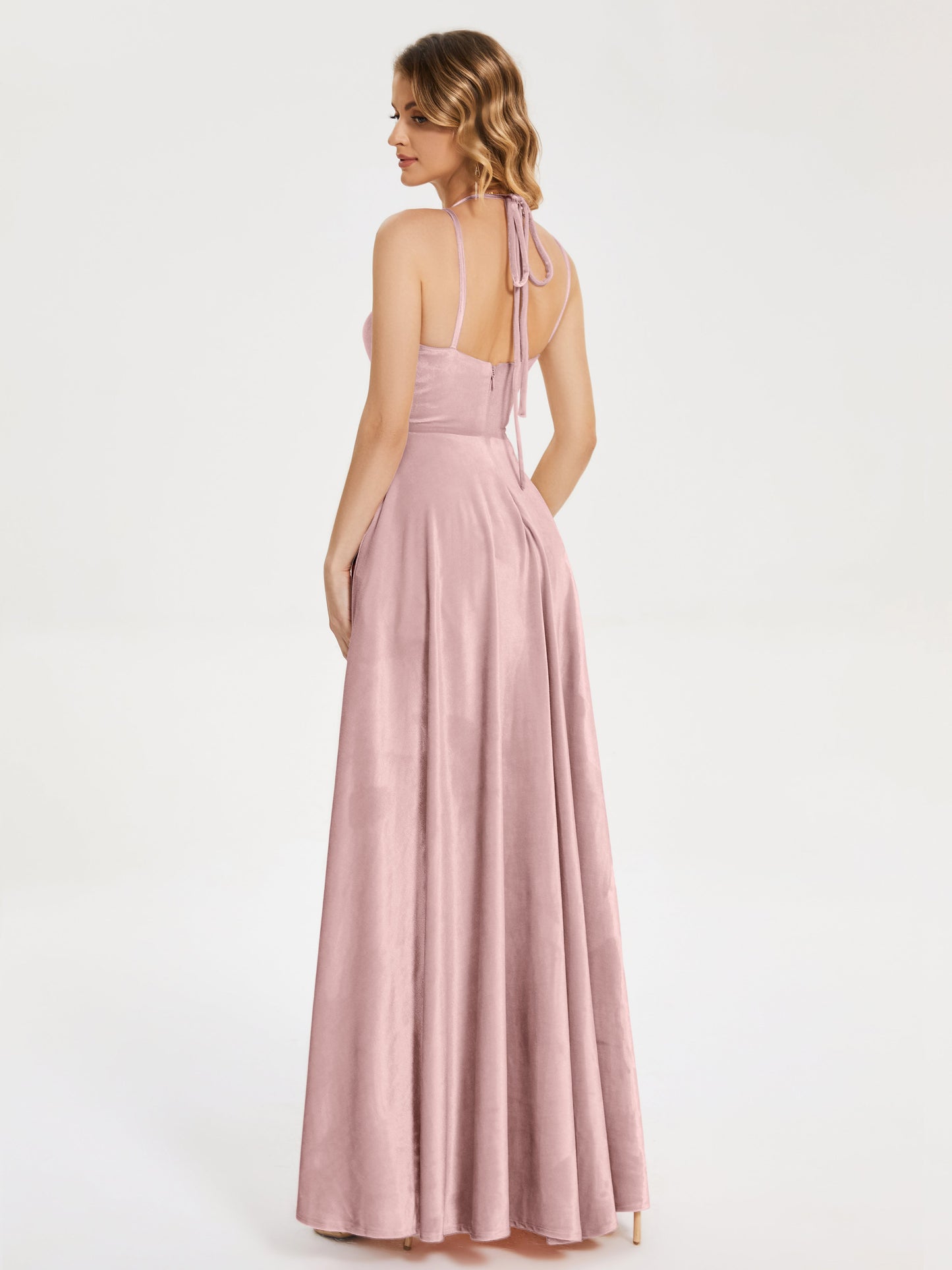 Elsie V-neck Straps Velvet Bridesmaid Dress with Slit