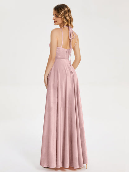 Elsie V-neck Straps Velvet Bridesmaid Dress with Slit