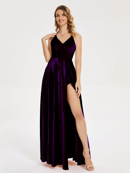 Elsie V-neck Straps Velvet Bridesmaid Dress with Slit
