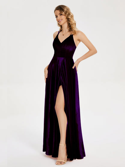 Elsie V-neck Straps Velvet Bridesmaid Dress with Slit