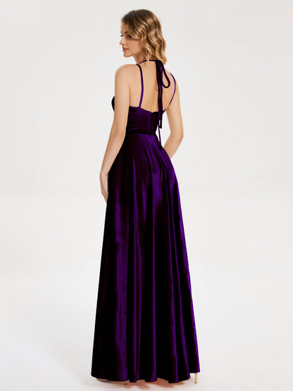 Elsie V-neck Straps Velvet Bridesmaid Dress with Slit