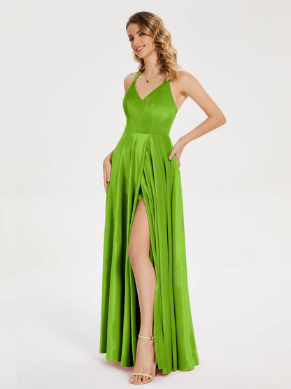 Elsie V-neck Straps Velvet Bridesmaid Dress with Slit