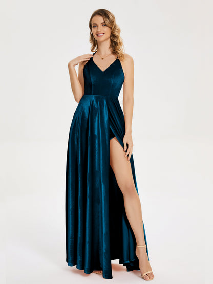 Elsie V-neck Straps Velvet Bridesmaid Dress with Slit