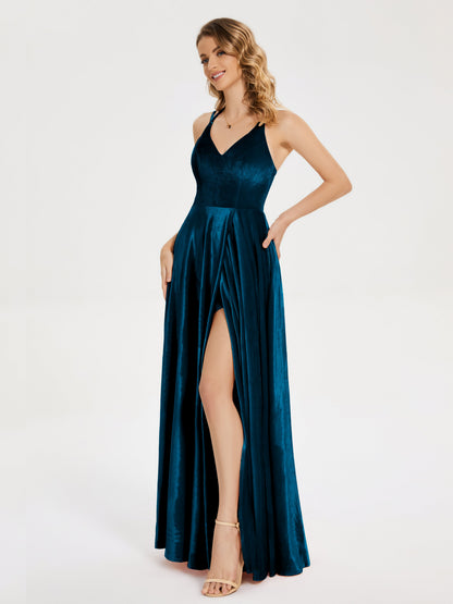 Elsie V-neck Straps Velvet Bridesmaid Dress with Slit