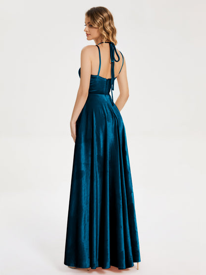 Elsie V-neck Straps Velvet Bridesmaid Dress with Slit