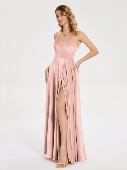 Elsie V-neck Straps Velvet Bridesmaid Dress with Slit