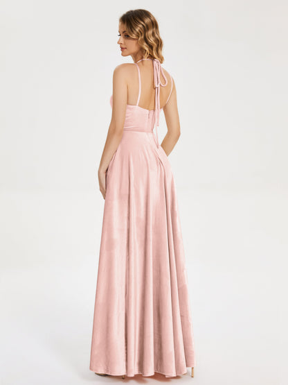 Elsie V-neck Straps Velvet Bridesmaid Dress with Slit