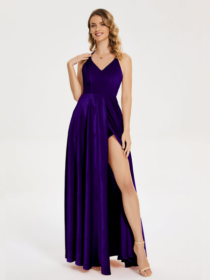 Elsie V-neck Straps Velvet Bridesmaid Dress with Slit
