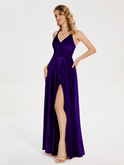 Elsie V-neck Straps Velvet Bridesmaid Dress with Slit