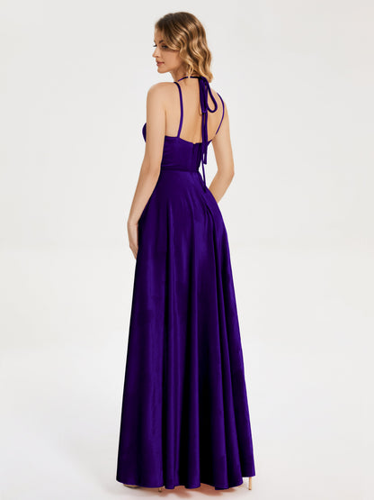 Elsie V-neck Straps Velvet Bridesmaid Dress with Slit