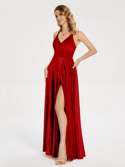 Elsie V-neck Straps Velvet Bridesmaid Dress with Slit