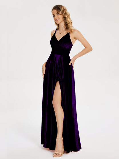 Elsie V-neck Straps Velvet Bridesmaid Dress with Slit