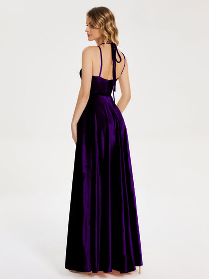 Elsie V-neck Straps Velvet Bridesmaid Dress with Slit