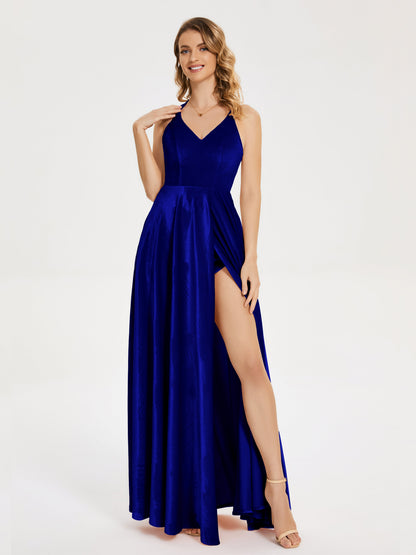 Elsie V-neck Straps Velvet Bridesmaid Dress with Slit
