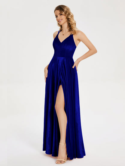Elsie V-neck Straps Velvet Bridesmaid Dress with Slit