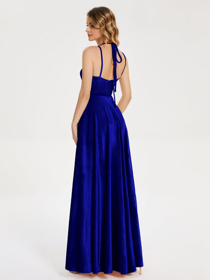 Elsie V-neck Straps Velvet Bridesmaid Dress with Slit