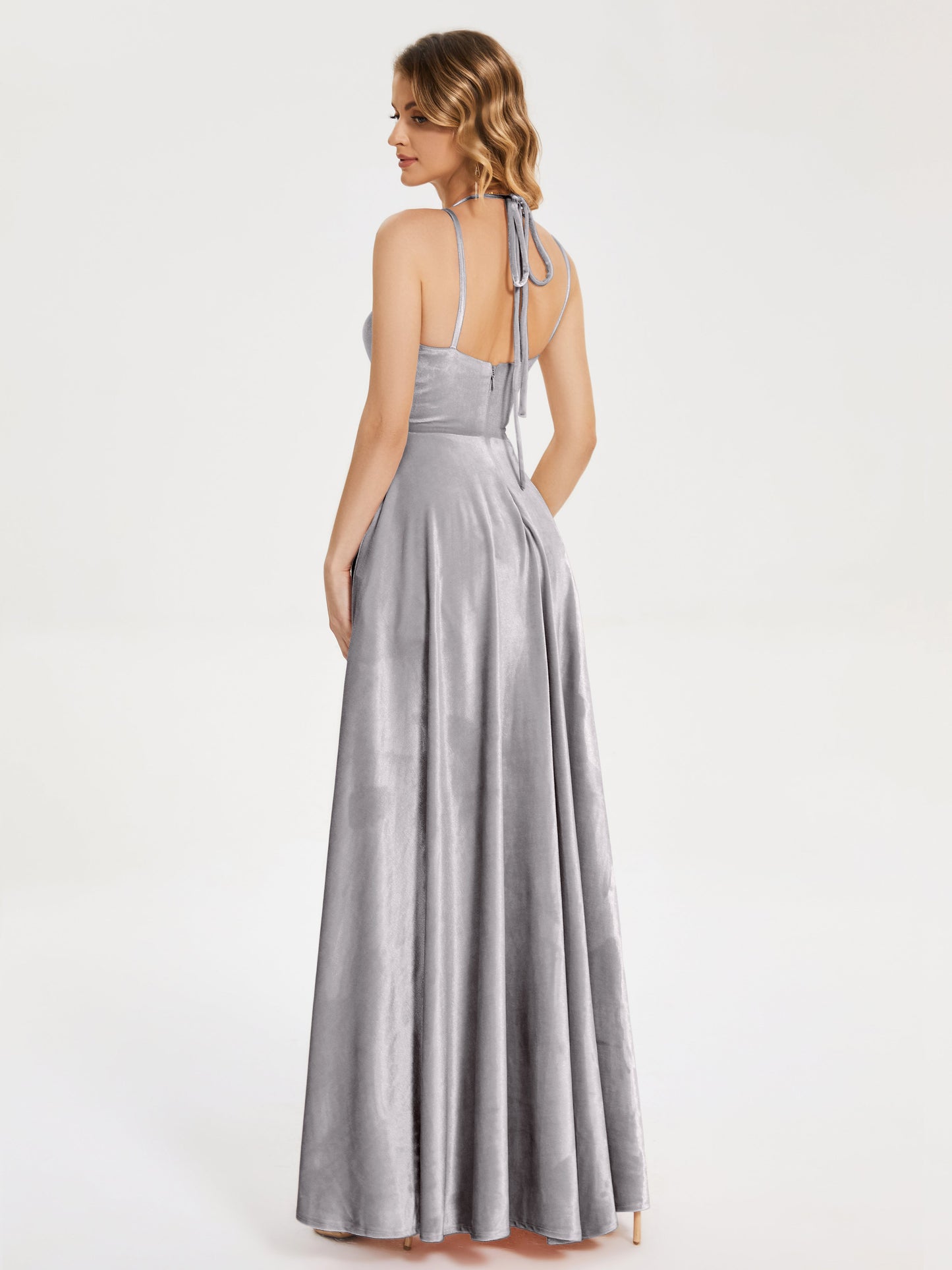Elsie V-neck Straps Velvet Bridesmaid Dress with Slit