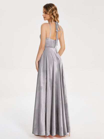 Elsie V-neck Straps Velvet Bridesmaid Dress with Slit