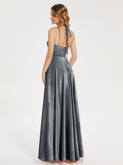 Elsie V-neck Straps Velvet Bridesmaid Dress with Slit