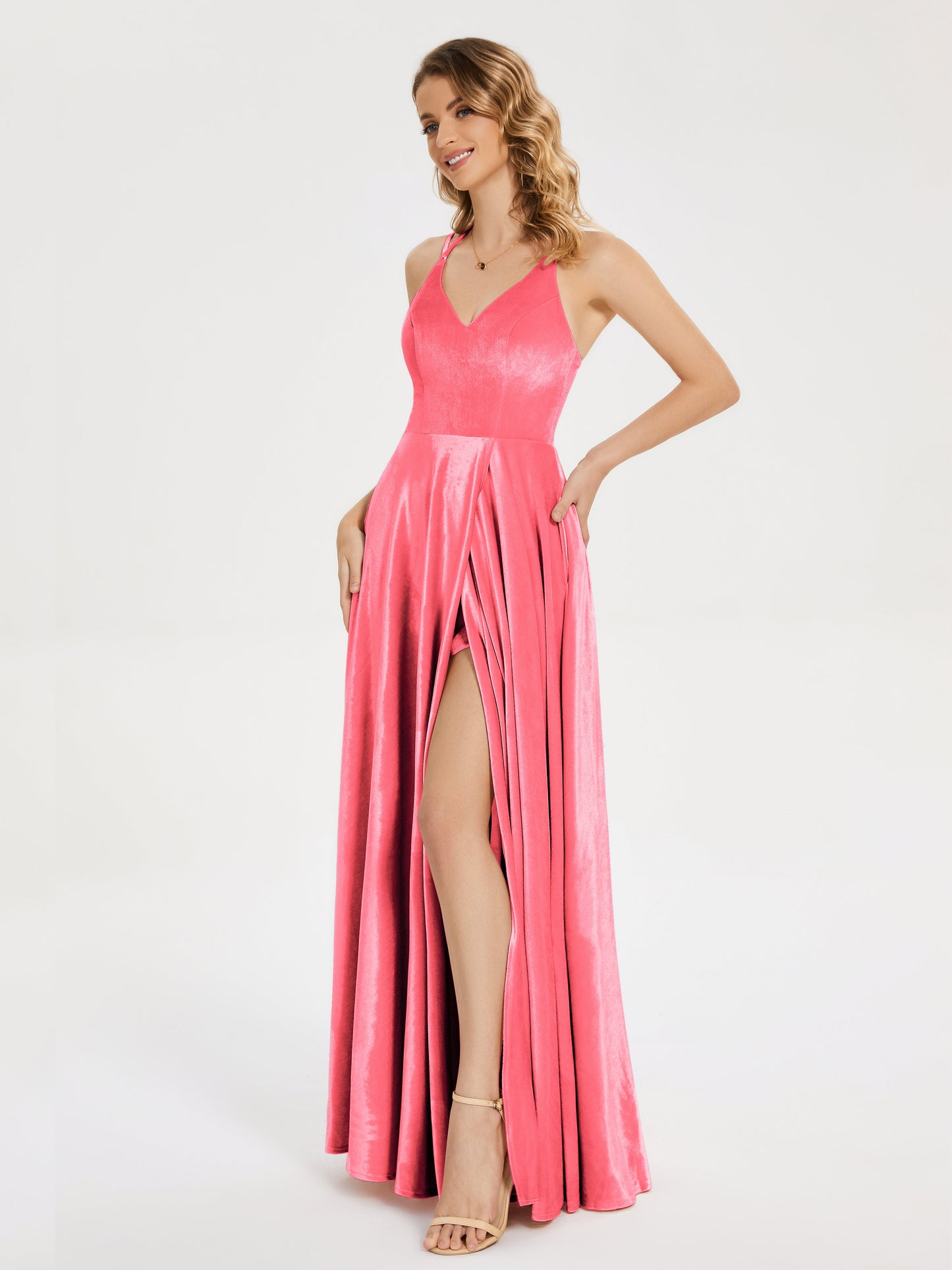 Elsie V-neck Straps Velvet Bridesmaid Dress with Slit