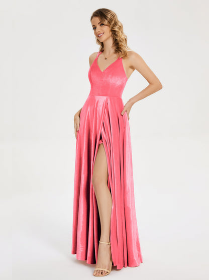 Elsie V-neck Straps Velvet Bridesmaid Dress with Slit
