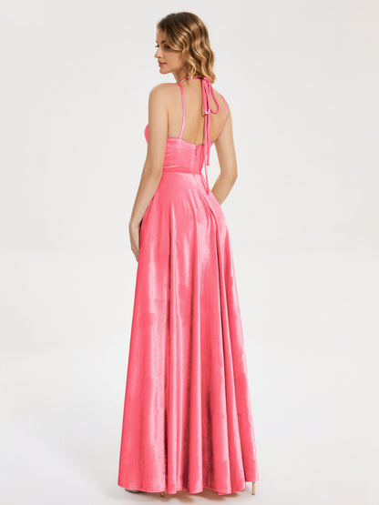 Elsie V-neck Straps Velvet Bridesmaid Dress with Slit