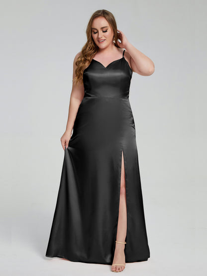 Adelyn Split Plus Size Soft Satin Long Bridesmaid Dresses