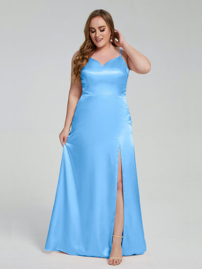 Adelyn Split Plus Size Soft Satin Long Bridesmaid Dresses