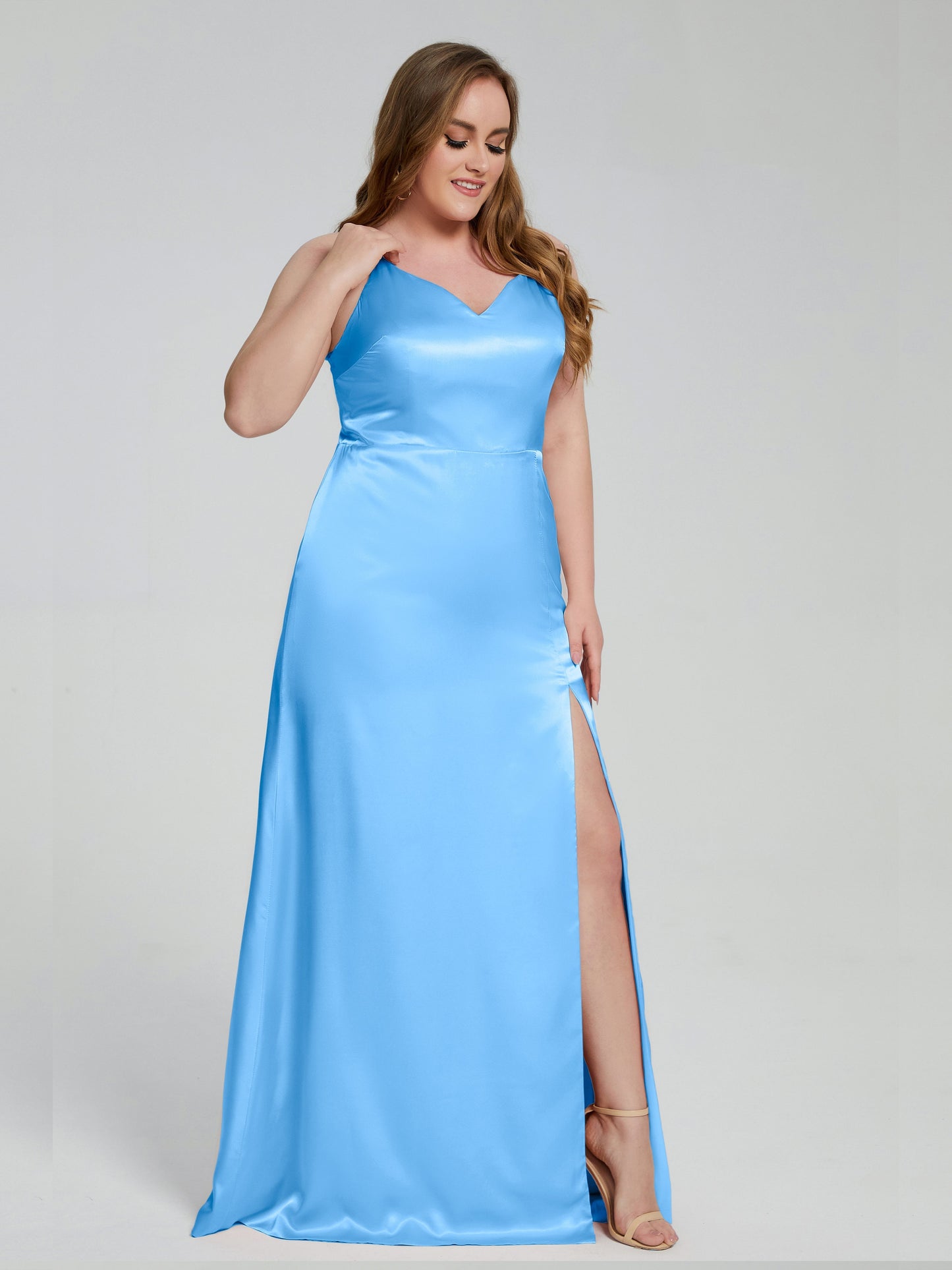 Adelyn Split Plus Size Soft Satin Long Bridesmaid Dresses