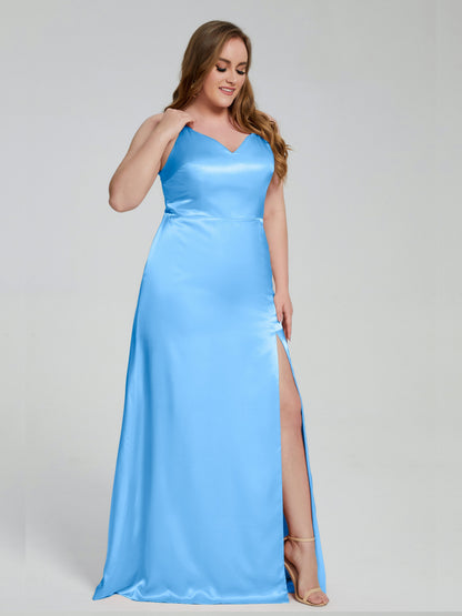 Adelyn Split Plus Size Soft Satin Long Bridesmaid Dresses