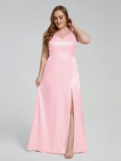 Adelyn Split Plus Size Soft Satin Long Bridesmaid Dresses