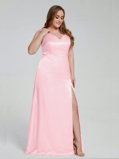Adelyn Split Plus Size Soft Satin Long Bridesmaid Dresses