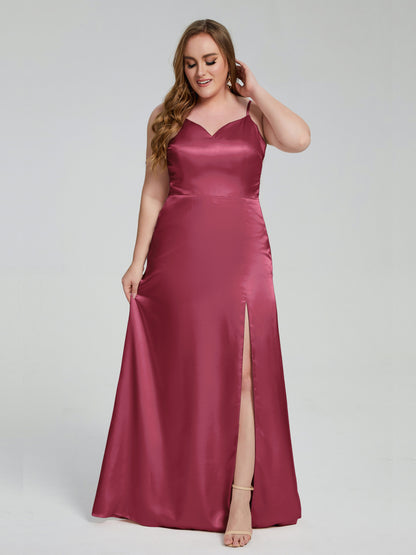 Adelyn Split Plus Size Soft Satin Long Bridesmaid Dresses