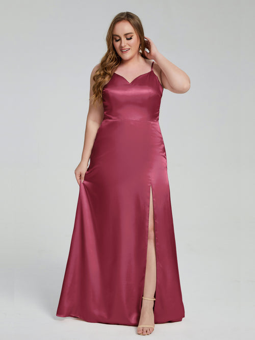 Adelyn Split Plus Size Soft Satin Long Bridesmaid Dresses