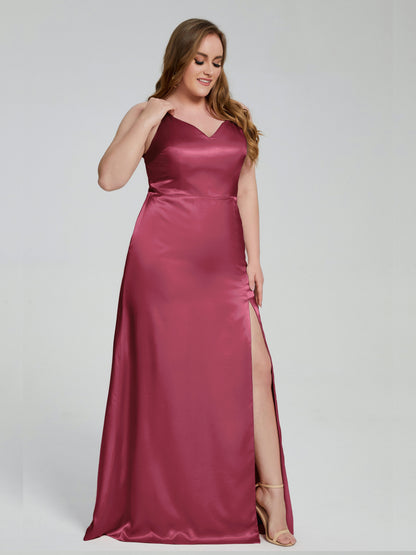 Adelyn Split Plus Size Soft Satin Long Bridesmaid Dresses