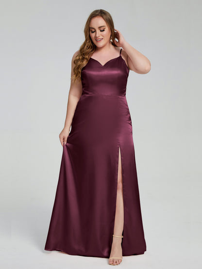Adelyn Split Plus Size Soft Satin Long Bridesmaid Dresses