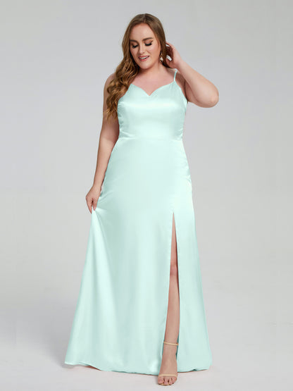 Adelyn Split Plus Size Soft Satin Long Bridesmaid Dresses