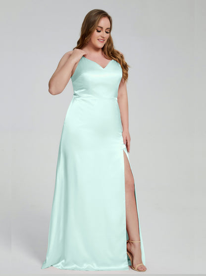Adelyn Split Plus Size Soft Satin Long Bridesmaid Dresses