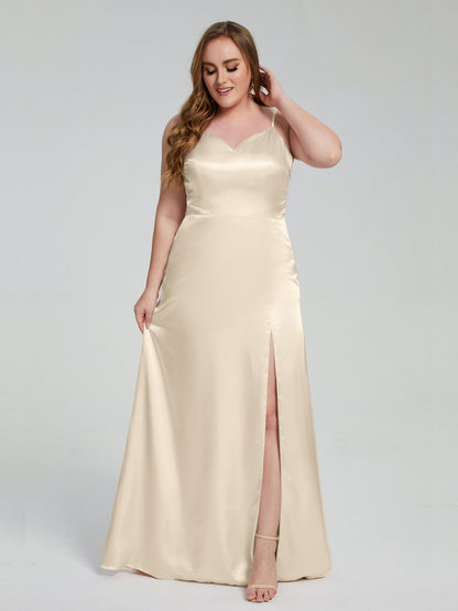 Adelyn Split Plus Size Soft Satin Long Bridesmaid Dresses