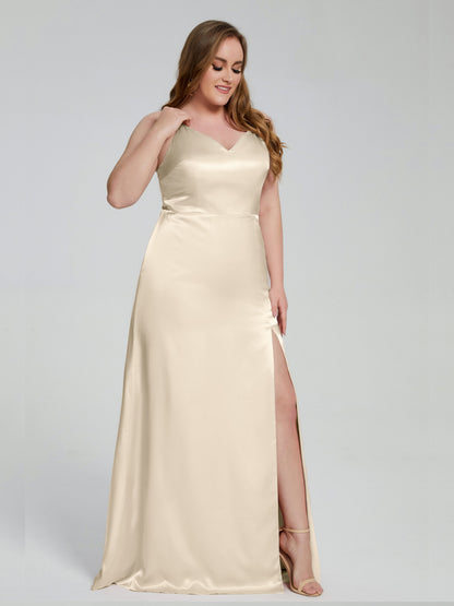 Adelyn Split Plus Size Soft Satin Long Bridesmaid Dresses