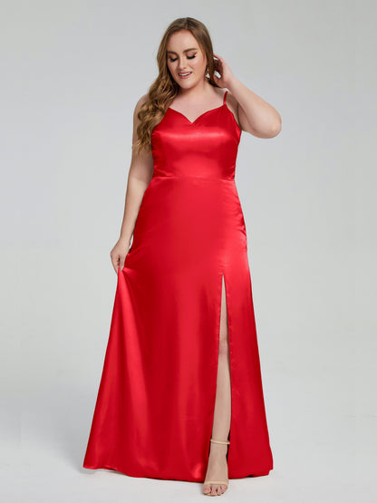 Adelyn Split Plus Size Soft Satin Long Bridesmaid Dresses