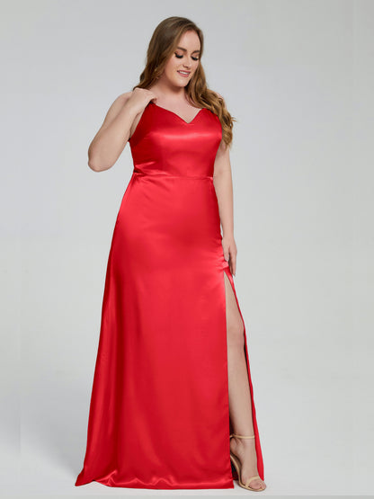 Adelyn Split Plus Size Soft Satin Long Bridesmaid Dresses