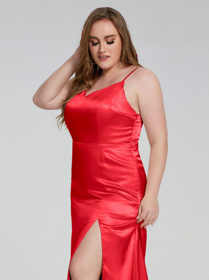 Adelyn Split Plus Size Soft Satin Long Bridesmaid Dresses