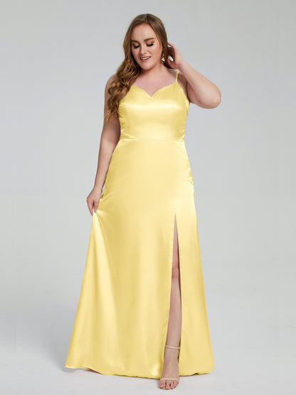 Adelyn Split Plus Size Soft Satin Long Bridesmaid Dresses