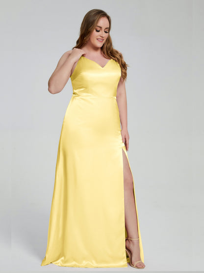 Adelyn Split Plus Size Soft Satin Long Bridesmaid Dresses
