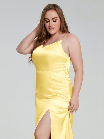 Adelyn Split Plus Size Soft Satin Long Bridesmaid Dresses