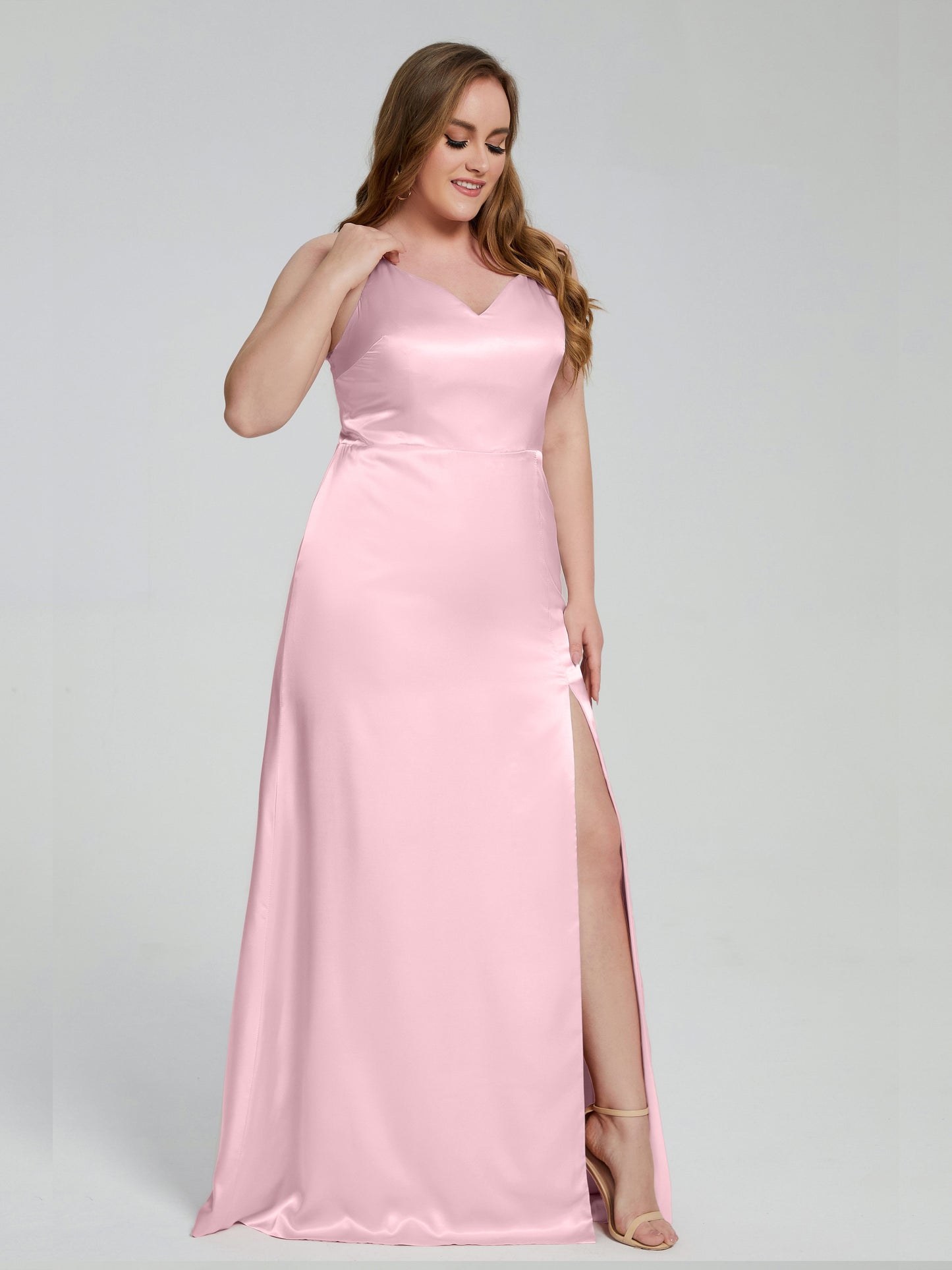 Adelyn Split Plus Size Soft Satin Long Bridesmaid Dresses