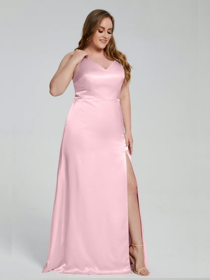 Adelyn Split Plus Size Soft Satin Long Bridesmaid Dresses